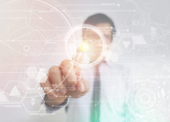 Asian Businessman Pressing High Tech Virtual Screen