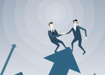 Two Businessmen Stand On Financial Arrow Up Holding Hands Successful Business Team Development Growth Vector Illustration