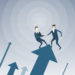 Two Businessmen Stand On Financial Arrow Up Holding Hands Successful Business Team Development Growth Vector Illustration