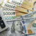 US one hundred dollar and Korean won currency with calculator. Finance business concept.