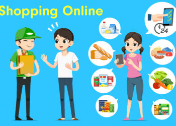 People shopping online with social technology. Easy E-commerce to supermarket service. Modern couple and social.
