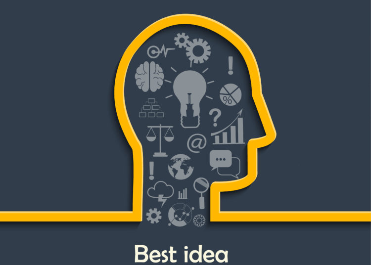 Concept of big ideas inspiration innovation and invention, effective thinking, text, vector.
