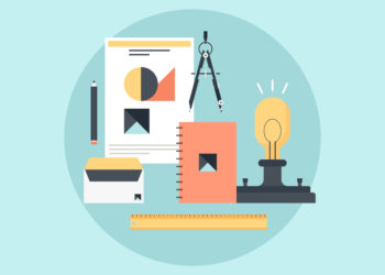 Abstract flat vector illustration of branding and business identity creation concept isolated on blue background.