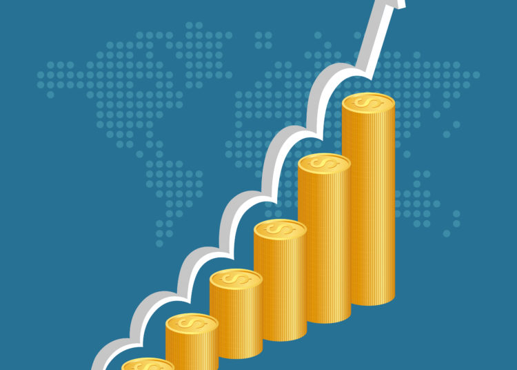 Financial success concept. Stacks of golden coins with graph and world map background. vector illustration.