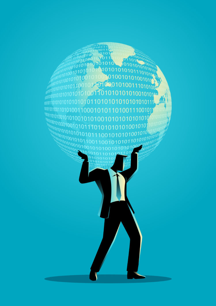 Business concept illustration of a businessman holding a digital globe on his shoulder