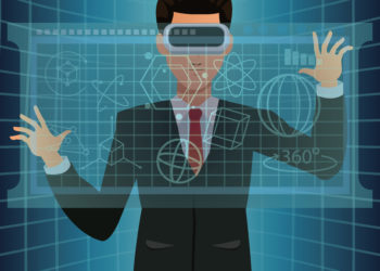 Man With VR Goggles Touch Diagram Digital