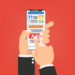 Human hands with smartphone mobile with social media advertising website. Vector illustration social ads digital marketing concept.