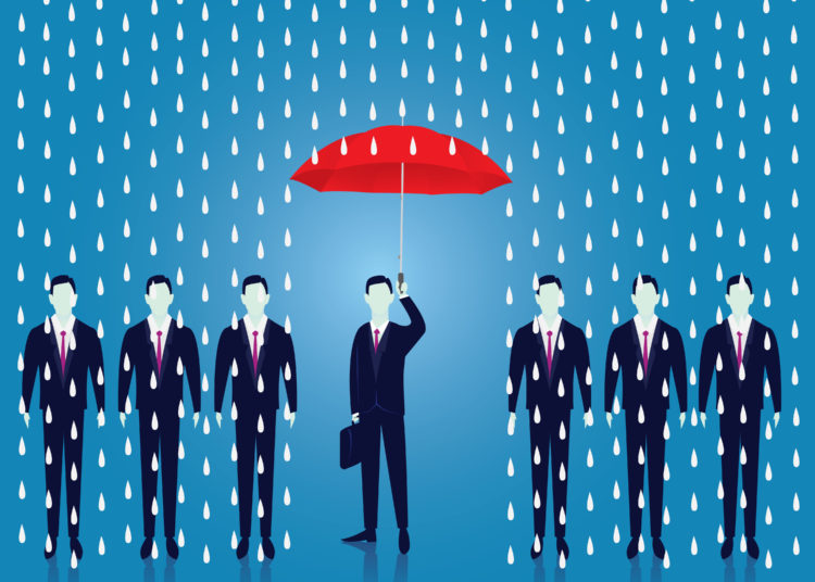 Vector illustration. Insurance protection concept. Businessman and umbrella, risk threat preparation protecting weath future life