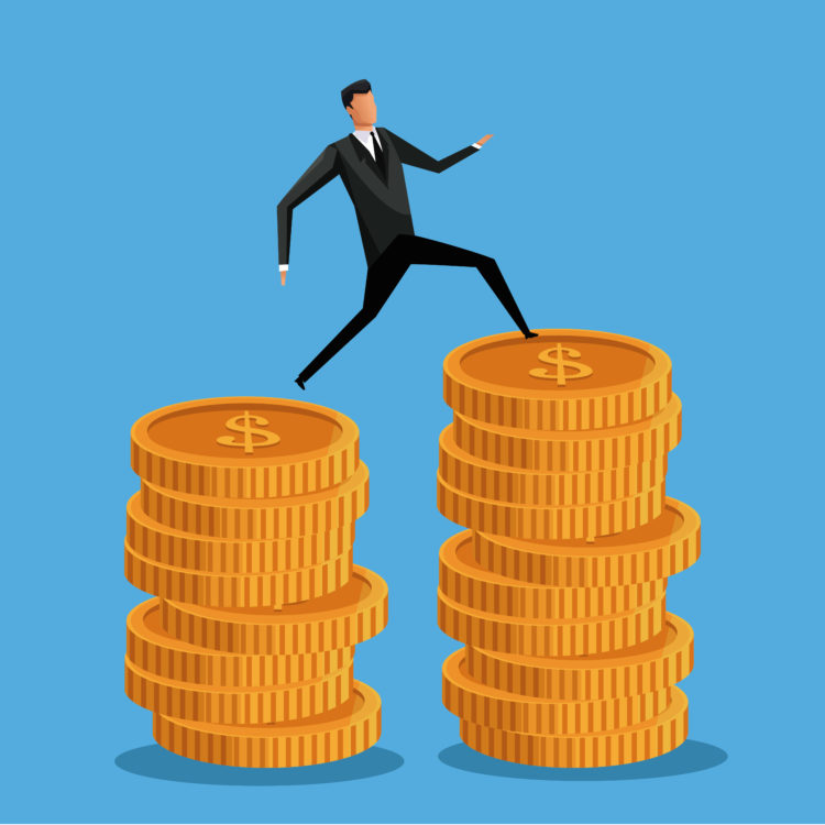 Businessman on coins, vector illustration, symbol of dollars.