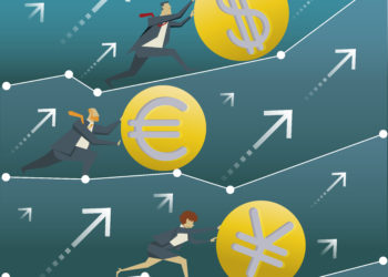 Business concept Businessmen are pushing for the money in the world that are volatile.