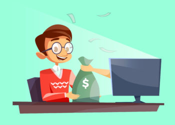 Teenager winning money in internet vector cartoon flat illustration. Young boy happy receiving dollars money bag from internet online casino lucky win fortune or giving money to rogue thief hand