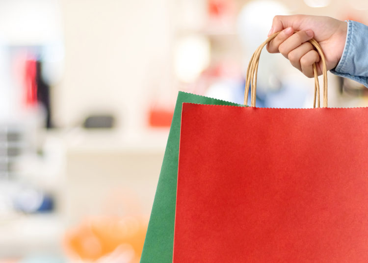 Hand holding red shopping bag on blur store background, banner with copy space for text, template, business concept