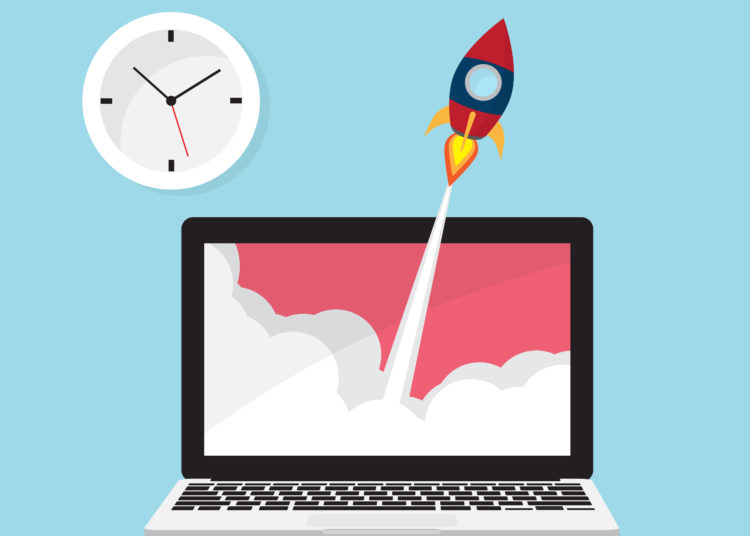 rocket launch from laptop with clock icon vector illustration