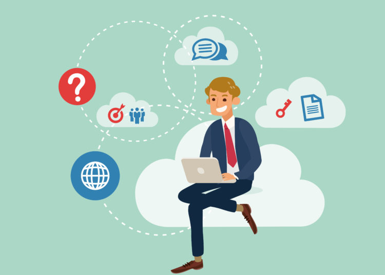 young business man using a laptop sitting on a cloud with cloud computing technology concept cartoon illustration