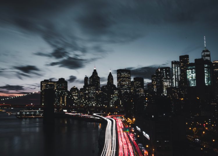 Panorama of the city in the evening, traffic jam