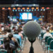 Microphone over the Abstract blurred photo of conference hall or seminar room in Exhibition Center background with Speakers on the stage and attendee background, Business meeting and education concept