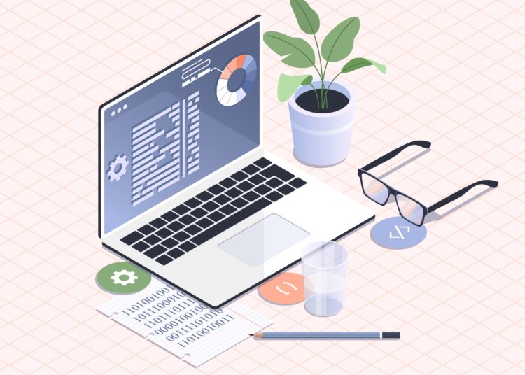 Software development and programming.Programmer coding binary computer isometric flat vector