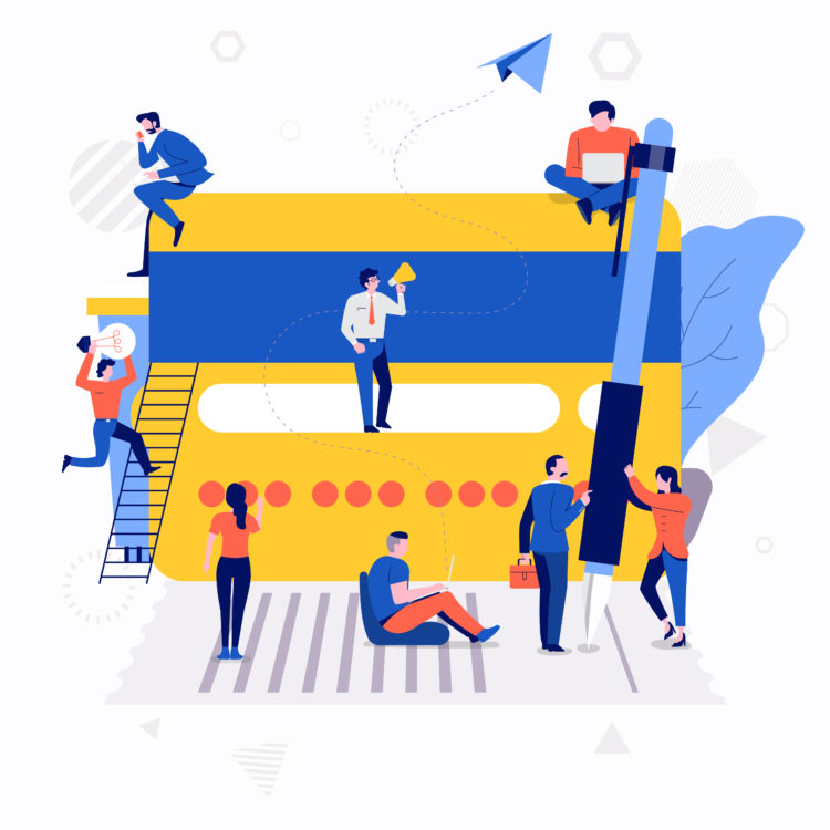 Illustrations flat design concept small people working together create big icon about money payment with credit card. Vector illustrate.