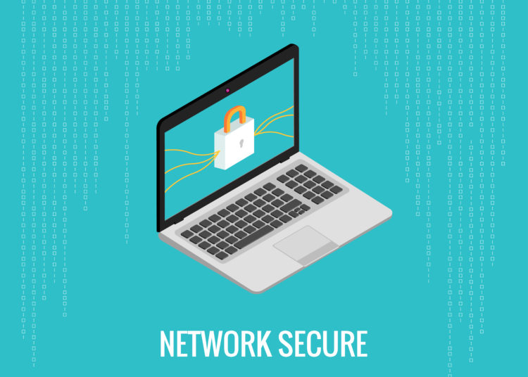 network secure illustration with laptop and lock icon on the digital blue background. Isometric view.