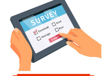 Online survey on a tablet. Flat style vector illustration isolated on white background.
