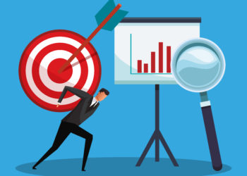 Businessman holding target on back and whiteboard with magnifying glass vector illustration graphic design