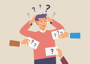 Man with question marks above his head.Flat vector illustration