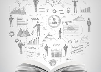 Business concept with realistic open book and sketch businessmen and charts vector illustration