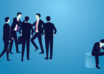 Vector illustration. Excommunicated ostracised businessman concept, sad depressed frustated man