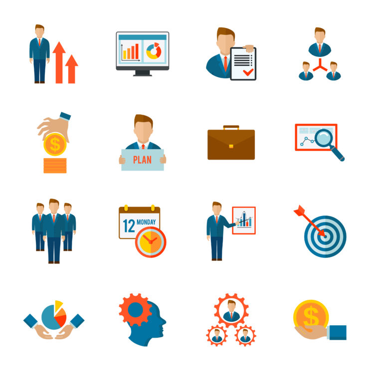 Management company strategy optimization business team icon flat set isolated vector illustration