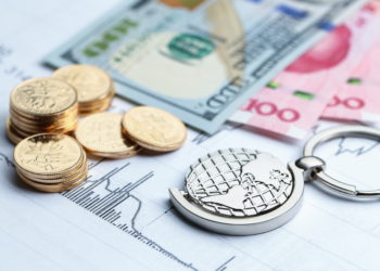 Coins, paper money and globe on white Statistic form background