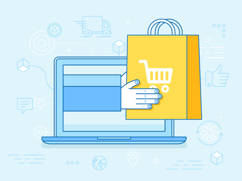 Vector linear illustration and infographics design elements - internet shopping concept - laptop with hands holding shopping bag - fast delivery