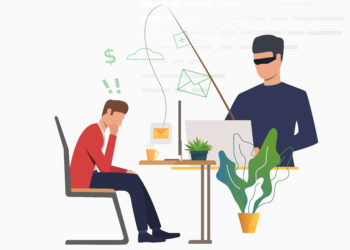 Cyber attacker hacking into email server. Scammer holding fishing tackle with hooked message of office worker. Cybercrime concept. Vector illustration can be used for scam attack, information security