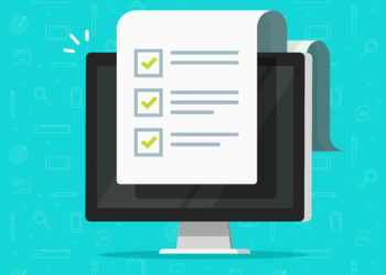 Computer and checklist vector illustration, flat cartoon pc monitor with long paper document and to do list with checkboxes, concept of survey, online quiz, completed things or done test, feedback