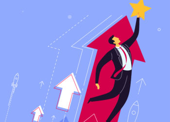 Businessman jumping to get best rating and evaluation. Business concept vector illustration.