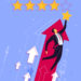 Businessman jumping to get best rating and evaluation. Business concept vector illustration.