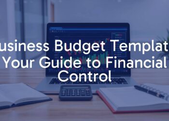 A modern business desk with a laptop displaying a colorful financial chart, a calculator, and a notebook with a budget template, clean and professional office background, realistic style.