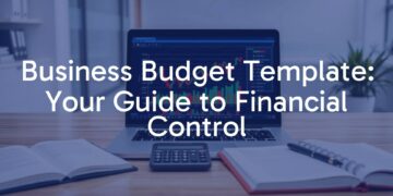 A modern business desk with a laptop displaying a colorful financial chart, a calculator, and a notebook with a budget template, clean and professional office background, realistic style.