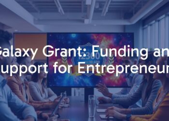A diverse group of entrepreneurs working together in a modern office, with a galaxy-themed financial grant award displayed on a screen, inspiring and motivational atmosphere, vibrant colors, realistic.
