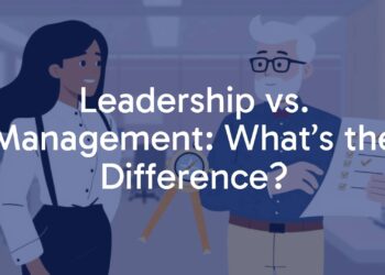 Business leadership and management concept, two contrasting figures, one holding a compass (leader) and one holding a checklist (manager), modern office background, professional and clear, illustrative style.