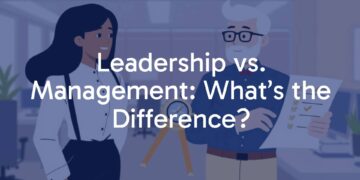 Business leadership and management concept, two contrasting figures, one holding a compass (leader) and one holding a checklist (manager), modern office background, professional and clear, illustrative style.