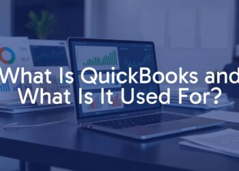 A modern office desk with a laptop displaying QuickBooks software, financial charts and invoices nearby, clean and professional, realistic style.