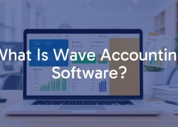 A laptop displaying Wave Accounting software interface, surrounded by financial charts, invoices, and a calculator, clean and professional, modern office setting, bright and user-friendly vibe, digital illustration.