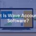 A laptop displaying Wave Accounting software interface, surrounded by financial charts, invoices, and a calculator, clean and professional, modern office setting, bright and user-friendly vibe, digital illustration.