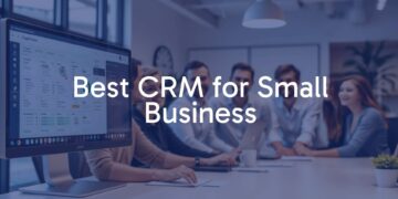 A small business workspace with a modern CRM dashboard on a computer screen, organized customer data, and a happy team collaborating, professional and clean.