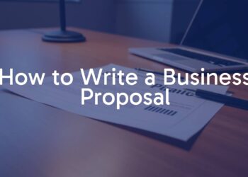 Professional business proposal document on a wooden desk, laptop and pen nearby, warm office lighting, clean and modern style.