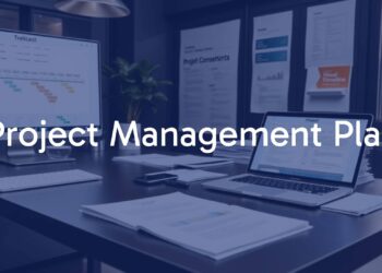 A modern office desk with a laptop, Gantt chart, and project management documents, professional and clean, realistic.