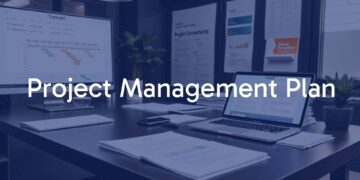 A modern office desk with a laptop, Gantt chart, and project management documents, professional and clean, realistic.