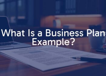 A professional business plan document on a wooden desk, laptop and coffee cup nearby, warm office lighting, realistic.