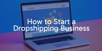 A laptop displaying an online store, shopping cart, and package delivery icons, modern e-commerce theme, vibrant colors, clean and professional.