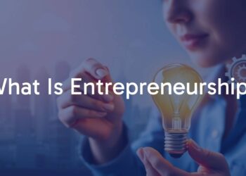 A person holding a lightbulb with business charts and icons like graphs, gears, and cityscape in the background, modern and motivational vibe.